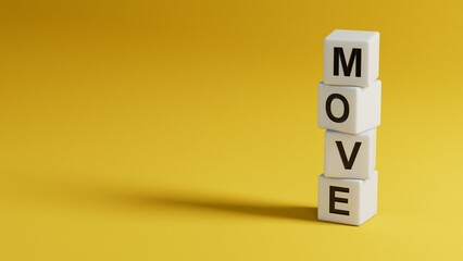 MOVE, word cube with white background.close up of wooden elements,