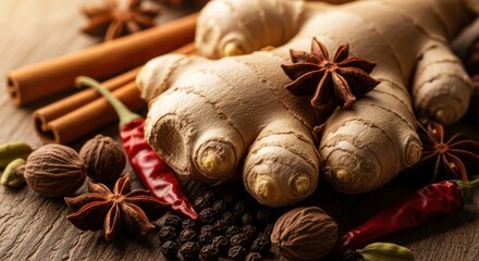 Assortment of Aromatic Spices Including Ginger, Star Anise, and Cinnamon Sticks