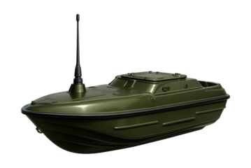Sealed hull amphibious vehicle with visible communication antenna.