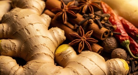 Close up of Fresh Ginger Root and Aromatic Whole Spices