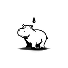 Obraz premium Illustration of a cute hippopotamus standing with a water droplet above its head in black and white