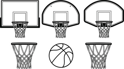 Basketball hoops backboards and net set with detailed vector line art design including ball elements for sports illustrations and CAD drawing graphics