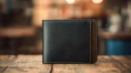 Premium leather wallet packaging with a smooth matte finish on blurred background 