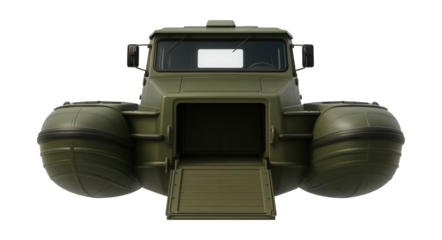 Spacious amphibious vehicle featuring a rear loading ramp and side flotation aids.
