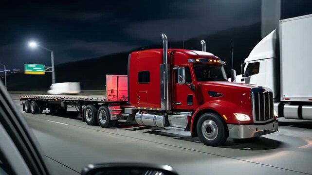 Red semi truck driving on highway at night with flatbed trailer