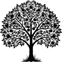 Black silhouette of fruit tree with leaves, apple orchard plant, nature symbol, garden growth, organic food, botanical element, detailed flat vector illustration