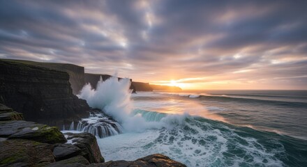 Powerful Ocean Waves Crashing Against Rugged Sea Cliffs at Sunset