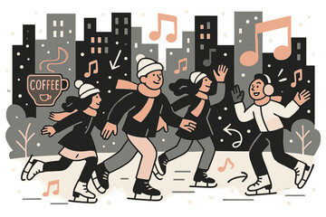 Obraz premium Urban Skating Scene. City rink. People skate among tall buildings as snow gently falls. Neon signs and coffee