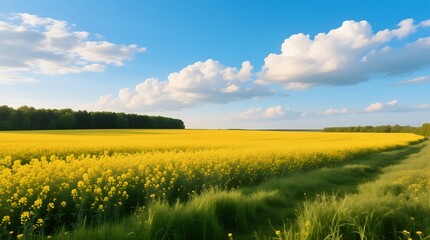 Expansive yellow canola field under a bright blue sky with fluffy clouds on a sunny day