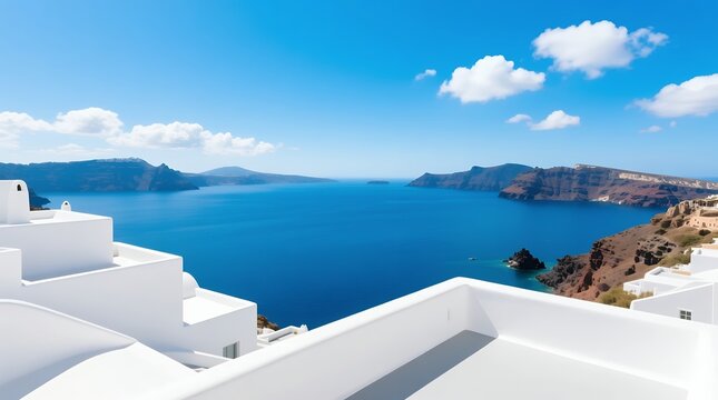 Stunning panoramic coastal view from white modern architecture overlooking a serene blue sea under