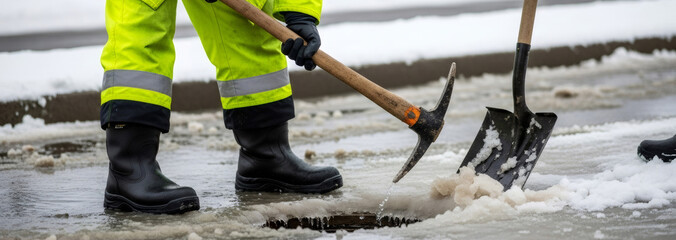 Man clearing drainage system from ice and meltwater for road safety during winter thaw. Public works utility staff maintaining infrastructure. Banner with copy space