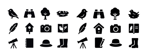Naklejka premium Silhouette birdwatching icons: camera, binoculars, trees, birdhouses, nature exploration set