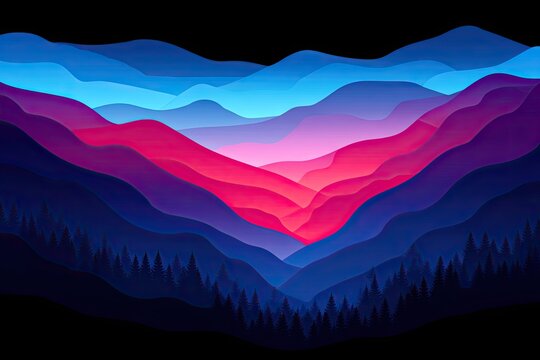 Abstract layered mountains, blues, purples, and pinks