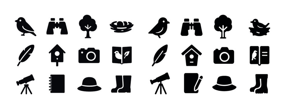 Silhouette birdwatching icons: camera, binoculars, trees, birdhouses, nature exploration set