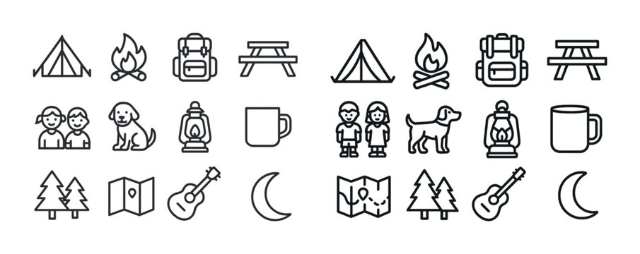 Camping icons: tents, fire, backpacks, picnics, hiking, nature, lanterns, music, maps, trees, coffee