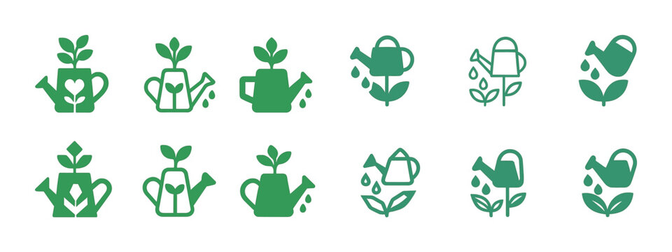 Green watering can icons with growing plants and leaves