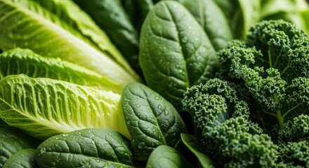 Macro Shot of Vibrant Green Lettuce, Spinach, and Kale with Dew
