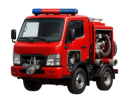 Fire truck featuring a compact pump system and rear hose attachments.