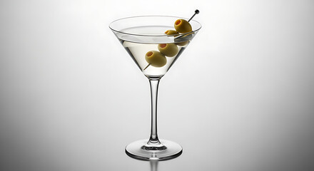 A classic dry martini cocktail with three green olives on a cocktail pick in a martini glass isolated on white background