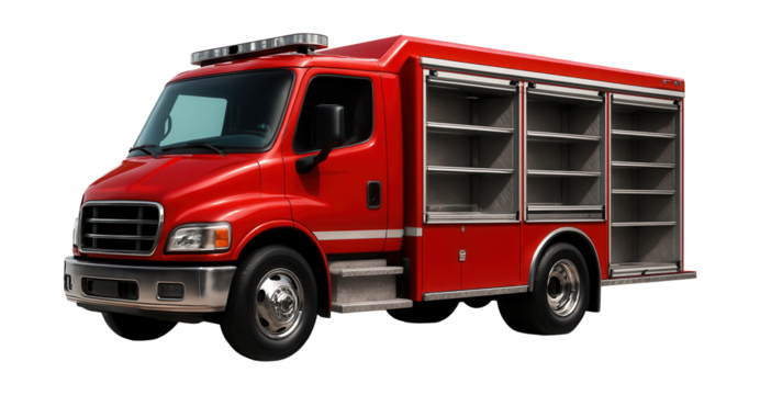 Low-profile fire truck featuring built-in equipment storage racks.