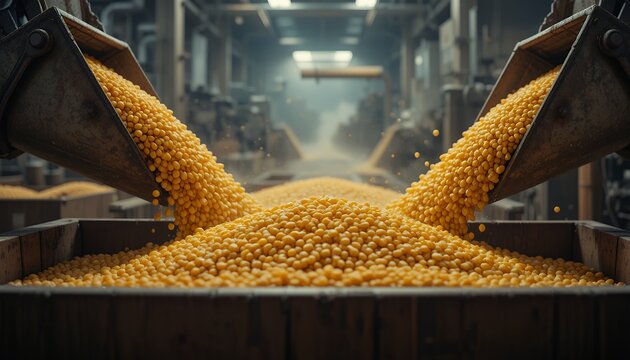 Industrial scale harvesting and unloading process of golden clean corn kernels inside modern