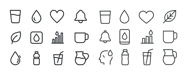 Minimalist icons for water, beverage, and nature themes in simple line art style