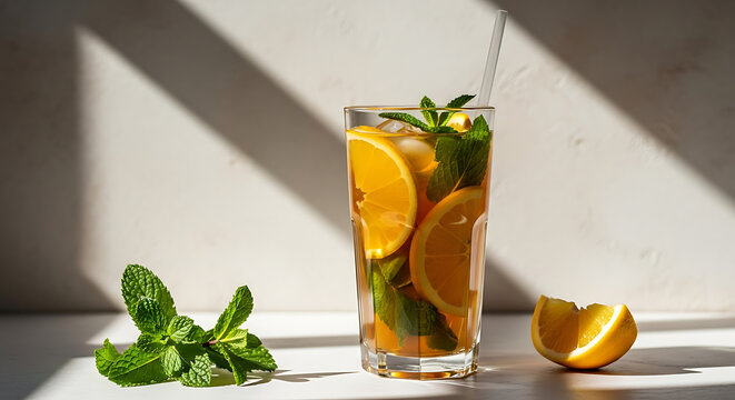 Tall glass of refreshing orange and mint infused drink with citrus slices and herbs isolated on white background