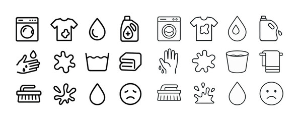 Laundry icons set: stains, washing machines, detergents, cleaning tools, water drops