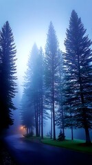 Serene Forest Scene with Tall Pine Trees and Soft Fog in Early Morning Light