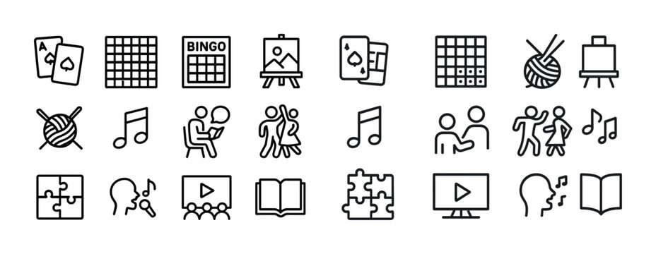 Icon set: games, music, art, dance, reading, and puzzles