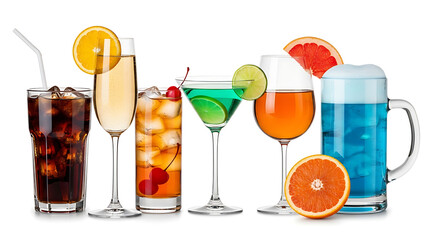 Collection of colorful alcoholic and non alcoholic beverages with fruit garnishes isolated on white background