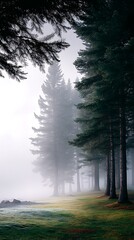 Misty Forest with Tall Evergreen Trees and Dewy Grass in Morning Light