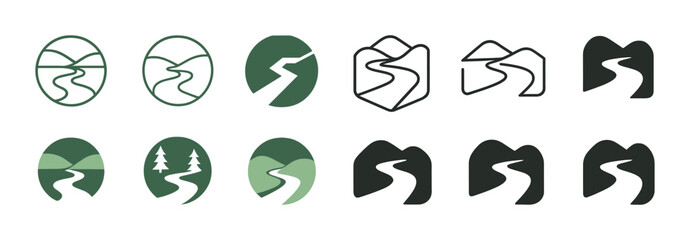 Collection of nature-inspired path and mountain icon designs