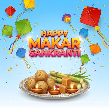 Happy makar sankranti festival celebration with kites and sweets