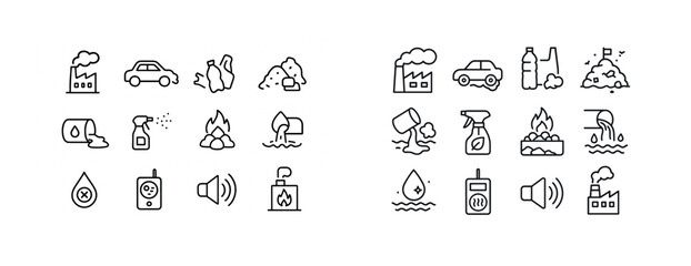 Minimalist black and white icons representing pollution and environmental issues