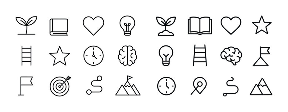 Minimalist icon set including nature, books, hearts, and clocks