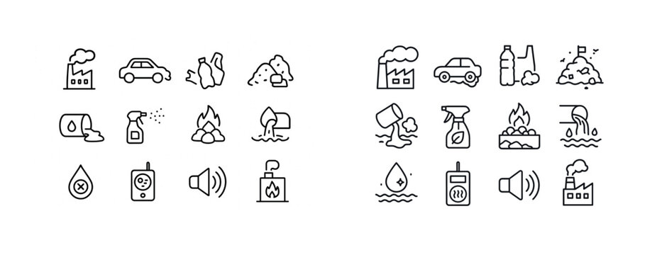 Minimalist black and white icons representing pollution and environmental issues