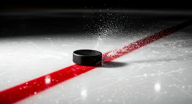 On the Brink of Action: An up-close view of a hockey puck rests poised on the ice, along a vivid red line, suggesting the thrill and intensity of the game is about to begin.