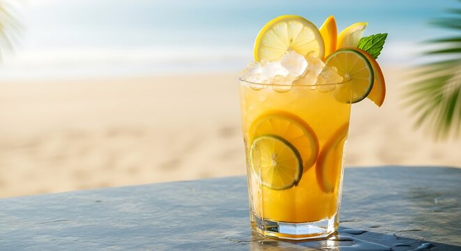 A refreshing citrus cocktail with ice and fruit garnish on a table at a sunny tropical beach.