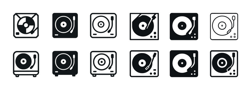 Set of eleven vinyl turntable icons in black and white