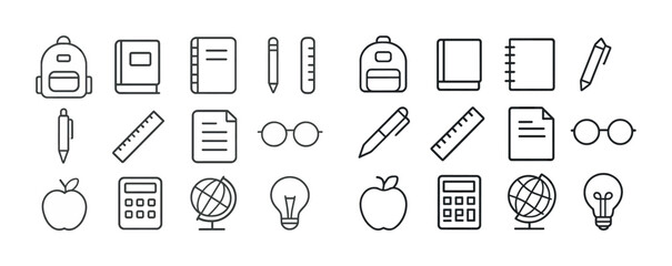 Naklejka premium Collection of school supplies icons: backpacks, books, pencils, rulers, calculators, globes, apples, and glasses