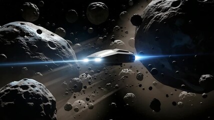 Spaceship navigating through dense asteroid field in cosmic cinematic space - Powered by Adobe