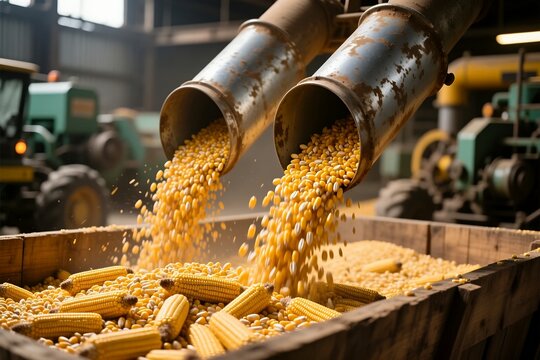Industrial harvest process unloading freshly picked corn kernels into storage bins inside a
