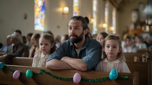 Father and Daughters Attending Easter Church Service with Easter Eggs