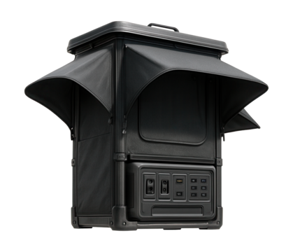 Portable emergency station featuring spacious side awnings and built-in power source.