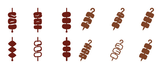 Assorted skewer icon set featuring varied brown food styles