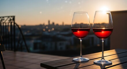 Golden Hour Toast: Two glasses of rich red wine gleam in the warm embrace of the setting sun, their silhouettes set against a city skyline, a perfect moment of tranquil enjoyment.