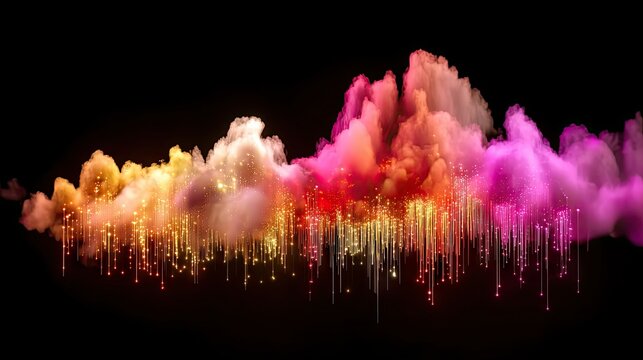 An abstract visual representation of sound waves or data flow, depicted as colorful smoke clouds with falling glowing particles against a black background. - Powered by Adobe