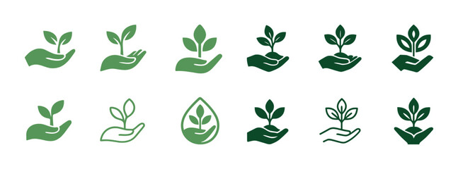 Set of green plant icons in hands representing growth and nature conservation