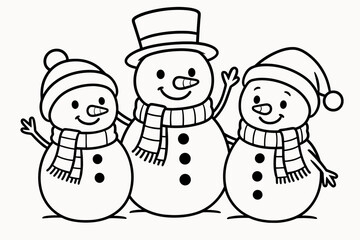 Snowman Family Coloring Page. Snowman family children?s coloring book illustration, outlined drawing, three